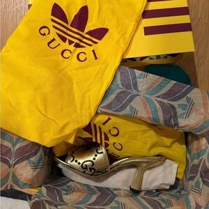 GUCCI X ADIDAS Nappa Silk Charlotte Monogram GG Trefoil Gold Size 37 NWT